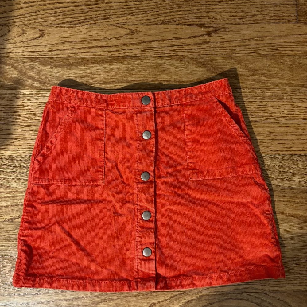 Mini Boden Orange Corduroy Mini skirt Snap Front Size 9-10Y